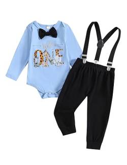 Haokaini Baby Jungen 1. Geburtstag Cake Smash Outfits Gentleman Langarm Brief Fliege Strampler Hosenträger Hosen 3-teiliges Kleidungsset von Haokaini