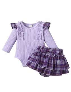 Haokaini Baby Mädchen Kleidung Rock Set Rüschen Langarm gerippt Strampler Top Plaid Rock Kuchen Kleid 2Pcs Mode Set von Haokaini