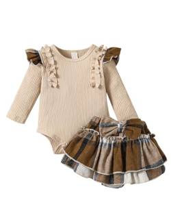 Haokaini Baby Mädchen Kleidung Rock Set Rüschen Langarm gerippt Strampler Top Plaid Rock Kuchen Kleid 2Pcs Mode Set von Haokaini