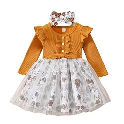 Haokaini Kleinkind Baby Mädchen Blumenkleid Lange Rüschen Ärmel Baumwolle Gerippte Schleife Spleißkleid Prinzessin Tutu Rock Herbst Kleidung Set von Haokaini