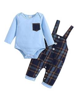 Haokaini Neugeborenes Baby Junge Kleidung Set Langarm Gentleman Anzug Solide Farbe Strampler Bodysuit Plaid Overalls Strumpfhosen Outfits 0-18M von Haokaini