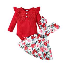 Haokaini Neugeborenes Baby Mädchen Floral Hosenträger Rock Outfits Ruffle Langarm Spitze Strampler Top mit Stirnband Overall Kleid Kleidung Set von Haokaini