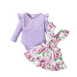 Haokaini Neugeborenes Baby Mädchen Floral Hosenträger Rock Outfits Ruffle Langarm Spitze Strampler Top mit Stirnband Overall Kleid Kleidung Set von Haokaini