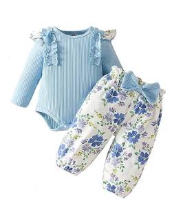 Haokaini Neugeborenes Baby Mädchen Kleidung Rüschen Langarm Spitze Strampler Top Bodysuit Blumenhose mit Stirnband 3Pcs Outfits für 0-18M von Haokaini