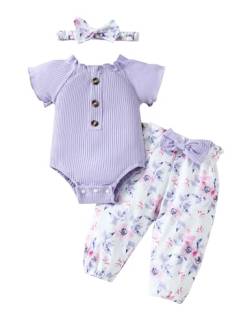 Haokaini Neugeborenes Baby Mädchen Kleidung Set Baumwolle gerippt aus Schulter kurze Ärmel Overall Floral Hose mit Stirnband Sommerkleidung für 0-18M von Haokaini