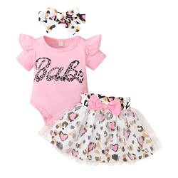 Haokaini Neugeborenes Baby Mädchen Sommerkleidung Set Rüschen Kurzarm Brief Bedruckt Bodysuit Top Leopard Bowknot Tutu Tüll Prinzessin Kleid mit Stirnband 3Pcs Outfits (3-6 Months, Rosa) von Haokaini