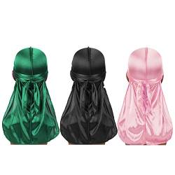 Seidige Durag Unisex Soft Stretch Kopfwickel mit Langen Schwanz Breiten Trägern 360 Samt Wellen Durags Kappe Langen Schwanz Kopftuch Bandana für Frauen Männer Kinder von Haokaini