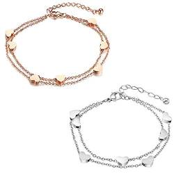 Rosegold herz Damen Armband Armkette Armschmuck Armband mit herz Anhängern Doppelt Kette Armband für Frauen Mädchen Armkette stern Freundschaftsarmband Freundschaftsarmbänder (silber+rosegold) von Haosell