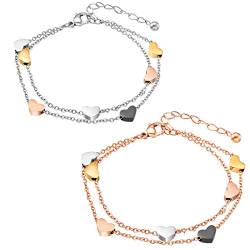 Rosegold herz Damen Armband Edelstahl Armkette Armschmuck Armband mit herz Anhängern Doppelt Kette Armband für Frauen Mädchen Armkette stern Freundschaftsarmband Freundschaftsarmbänder von Haosell