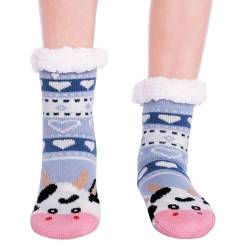 HapiLeap Kindersocken für Jungen und Mädchen Niedliche Tiersocken Weich Flauschig Warm Dick mit Fleece Gefüttert Weihnachtsstrümpfe für Kinder (5-8 Jahre, Blue Cow) von HapiLeap