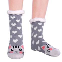 HapiLeap Kindersocken für Jungen und Mädchen Niedliche Tiersocken Weich Flauschig Warm Dick mit Fleece Gefüttert Weihnachtsstrümpfe für Kinder (8-12 Jahre, Grey Cat) von HapiLeap