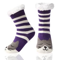 HapiLeap Kindersocken für Jungen und Mädchen Niedliche Tiersocken Weich Flauschig Warm Dick mit Fleece Gefüttert Weihnachtsstrümpfe für Kinder (8-12 Jahre, Stripe Purple Cat) von HapiLeap