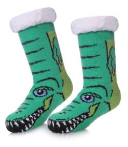 HapiLeap Kuschelsocken Kinder Slipper Socken Jungen Mädchen Hausschuh Socken Weiche Dicke Fleece Gefüttert Weihnachtsstrümpfe Kleinkind (Green Crocodile (5-8 Jahre)) von HapiLeap