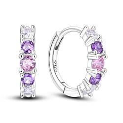 Hapour Tiny Rainbow Creolen 925 Sterling Silber | Eingelegte rosa lila Farbverlaufs-Cubikzirkonia-Ohrringe für Frauen und Mädchen als Geburtstagsgeschenk – lila Amethyst-Ohrringe von Hapour