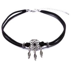 Happiness Boutique Damen Choker Kette Boho in Schwarz | Halsband Kunstleder Choker mit Anhänger Traumfänger nickelfrei von Happiness Boutique