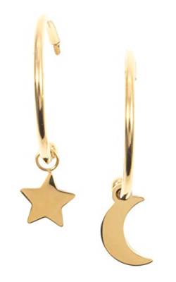 Happiness Boutique Damen Mond und Stern Creolen mit Anhängern in Goldfarbe | Kleine Runde Ohrringe Edelstahlschmuck von Happiness Boutique