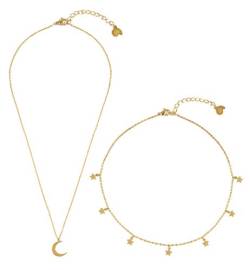 Happiness Boutique Damen Mond und Stern Schmuckset in Goldfarbe 2-TLG. | Zarte Kette mit Halbmond Anhänger und Choker Kette von Happiness Boutique