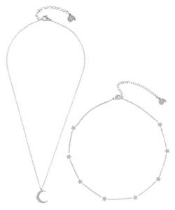 Happiness Boutique Damen Mond und Stern Schmuckset in Silberfarbe 2-TLG. | Zarte Halbmond Kette und Stern Choker Kette aus Edelstahl von Happiness Boutique