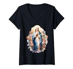 Damen Gesegnete Mutter Maria Mutter Jesus Rosen Unsere Frau katholisch T-Shirt mit V-Ausschnitt von Happy Catholics