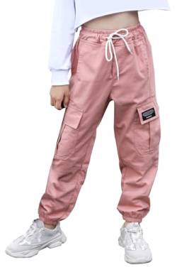 Baumwolle Cargo Lange Hosen für Mädchen Langlebige Hip Hop Hosen mit Kordelzug Kinder Lose Casual Joggers Hosen Schule Streetwear Rosa 140 für 9-10 Jahre von Happy Cherry