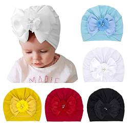 Happy Cherry Baby Mädchen Beanie Mütze Kinder Weiche Baumwolle Strickmützen Kleinkind Baby Turban Set Newborn Hut 5 Stücke Perle Schleife F Set 1 von Happy Cherry