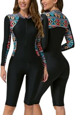 Happy Cherry Damen Einteiler Badeanzug Langarm Bademode mit Bein Schwarz Sports Schwimmanzug Frauen Rashguard UPF 50+ Surfanzug mit Reißverschluss S von Happy Cherry