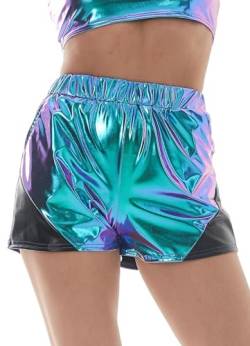 Happy Cherry Damen Funkelnde Metallic Shorts mit Taschen Lose Stretch Strapazierfähige Höschen für Damen Mädchen Performance Holidays Blau XL von Happy Cherry