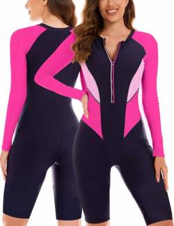 Happy Cherry Damen Langärmlige Einteiler Bademode mit Bein Rashguard UPF 50+ Badeanzug Frauen Reißverschluss Schwimmanzug Sonnenschutzkleidung M von Happy Cherry