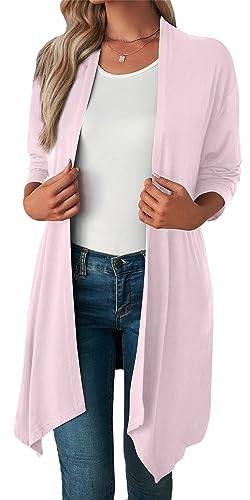 Happy Cherry Damen Strickjacke Langarm Elegant Sommerjacken Female Rosa Lang Cardigan Open Front Weiche Frühling Jacke Einfarbig Boyfriend Strickjacke L von Happy Cherry