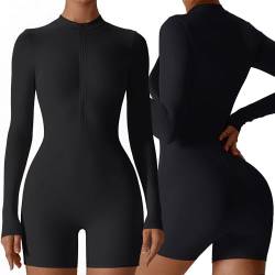 Happy Cherry Enger Strampler Bodysuit für Frauen Langarm Stretch Athletische Einteilige Outfits Mock Neck Nahtlose Yoga Workout Jumpsuit Schwarz M von Happy Cherry