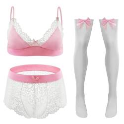 Happy Cherry Herren Transparent Lightweight Sissy Outfit Set Haken und Augen Verschluss Büstenhalter Slips Strümpfe Set Hochzeitsnacht Rosa Weiß M 3 Stück von Happy Cherry