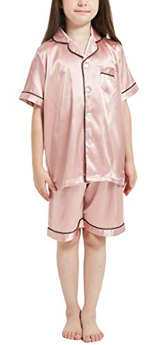 Happy Cherry- Kinder Jungen Mädchen Pyjamas Set Seide Kurzarm Outfits Cool für Sommer Nachtwäsche Weiche Baby Shirt Hosen Nachtwäsche mit Taschenknopf Laple für Höhe 80-160cm von Happy Cherry