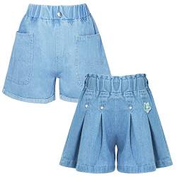 Happy Cherry Kinder Sommer Shorts 2 Stück Mädchen Pull-On Jeansshorts Elastic Waistband Shorts Casual Baumwolle Denim Shorts Weicher Komfort Shorts 140 von Happy Cherry