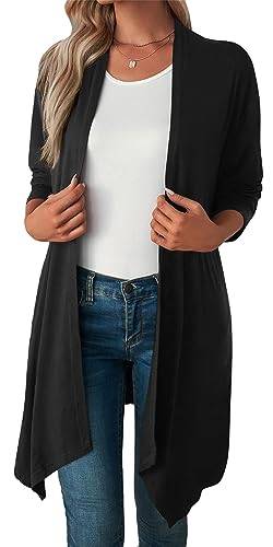 Happy Cherry Lange Strickjacken für Frauen Sommer Langarm Strickjacken Damen Elegante Lässige Strickjacke Leichte Boyfriend Strickjacke Schwarz XL von Happy Cherry