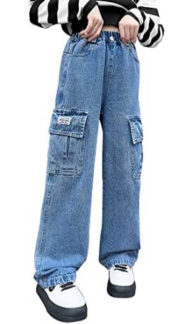 Happy Cherry Mädchen Baggy Hose Denim Jeans Weite Bein Hohe Taille Mode Lange Jeanshose 160 für 11-12 Jahre von Happy Cherry