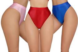 Happy Cherry Nahtlose glänzende Cheeky Strings für Frauen Weiche seidige elastische Slips Hohe Taille Leichte Stretch Basic Höschen 3 Pack Rot Rosa Blau L von Happy Cherry