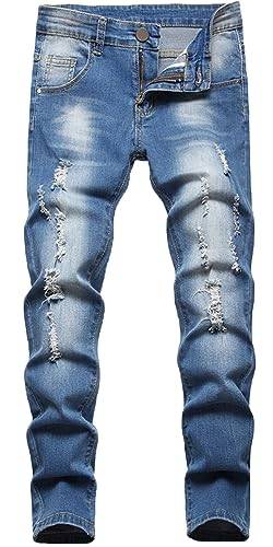 Happy Cherry Zerrissene Jeans Kinder Denim Hosen Skinny Jeans Mode mit Taschen Lange Hosen Blau Vintage für Jungen 5-16 Jahre, blau, 9-10 Jahre von Happy Cherry