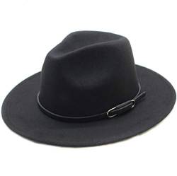 Fedora-Hut mit Gürtelschnalle, breite Krempe, Vintage-Stil, Wollmischung, Schwarz, Schwarz , One size von Happyupcity