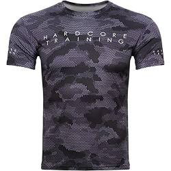 Hardcore Training Hexagon Camo Training T-Shirt Men's Schwarz Grau Kurzarm Schnelltrocknend Fitness Übung Laufen Workout Trainieren Radfahren Grey 3XL von Hardcore Training