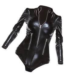 Harilla PU Bodysuit Langarm PVC Zip Front Teddy Jumpsuit Top Catsuit, schwarz, 2XL von Harilla