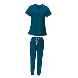 Harilla Peeling-Set für Frauen, Krankenschwester-Arbeitskleidung -Ausschnitt, professionelles maschinenwaschbares Oberteil und Jogginghose, Blau, S von Harilla