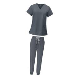 Harilla Peeling-Set für Frauen, Krankenschwester-Arbeitskleidung -Ausschnitt, professionelles maschinenwaschbares Oberteil und Jogginghose, GRAU, XL von Harilla