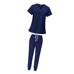 Harilla Peeling-Set für Frauen, Krankenschwester-Arbeitskleidung -Ausschnitt, professionelles maschinenwaschbares Oberteil und Jogginghose, Navy blau, S von Harilla