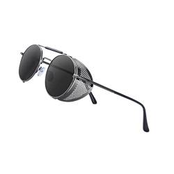 Harilla Runde Steampunk-Sonnenbrille / UV400-Schutzlicht, gotischer Seitenschutz, Metallrahmen, Kreisbrille für Damen, Unisex, Herren, Graue Linse, grauer Rahmen von Harilla