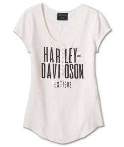 Harley Davidson Damen Henley Knit Top Cali aus Baumwolle, weiß - Kurzarm Oberteil für Frauen mit O-Ring-Druckknopfleiste, L von Harley Davidson
