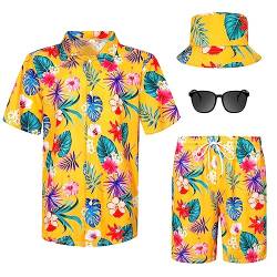 4-teiliges Hawaii-Hemd und kurzes Set für Herren, lässiges Button-Down-Sommer-Strand-Blumen-Outfits mit Hüten und Sonnenbrillen, Blumen und Blätter, X-Large von Harloon