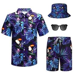 4-teiliges Hawaii-Hemd und kurzes Set für Herren, lässiges Button-Down-Sommer-Strand-Blumen-Outfits mit Hüten und Sonnenbrillen, Palmenblatt, X-Large von Harloon