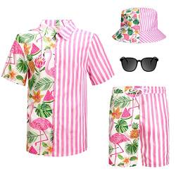 4-teiliges Hawaii-Hemden und Shorts für Herren, tropisch, lässig, mit Knopfleiste, Hemd und Shorts, Anzüge mit Fischerhüten und Sonnenbrille, Flamingo, XX-Large von Harloon