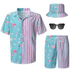 4-teiliges Herren-Hawaii-Hemd und Shorts-Set, lässig, Knopfleiste, Sommer, Strand, Blumen-Outfits mit Eimer-Hüten und Sonnenbrillen, Frischer Flamingo, Large von Harloon