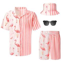 Harloon 4-teiliges Herren-Hawaii-Hemd und Shorts-Set, lässig, Knopfleiste, Sommer, Strand, Blumen-Outfits mit Eimer-Hüten und Sonnenbrillen, Lebendiger Flamingo, Large Größe von Harloon